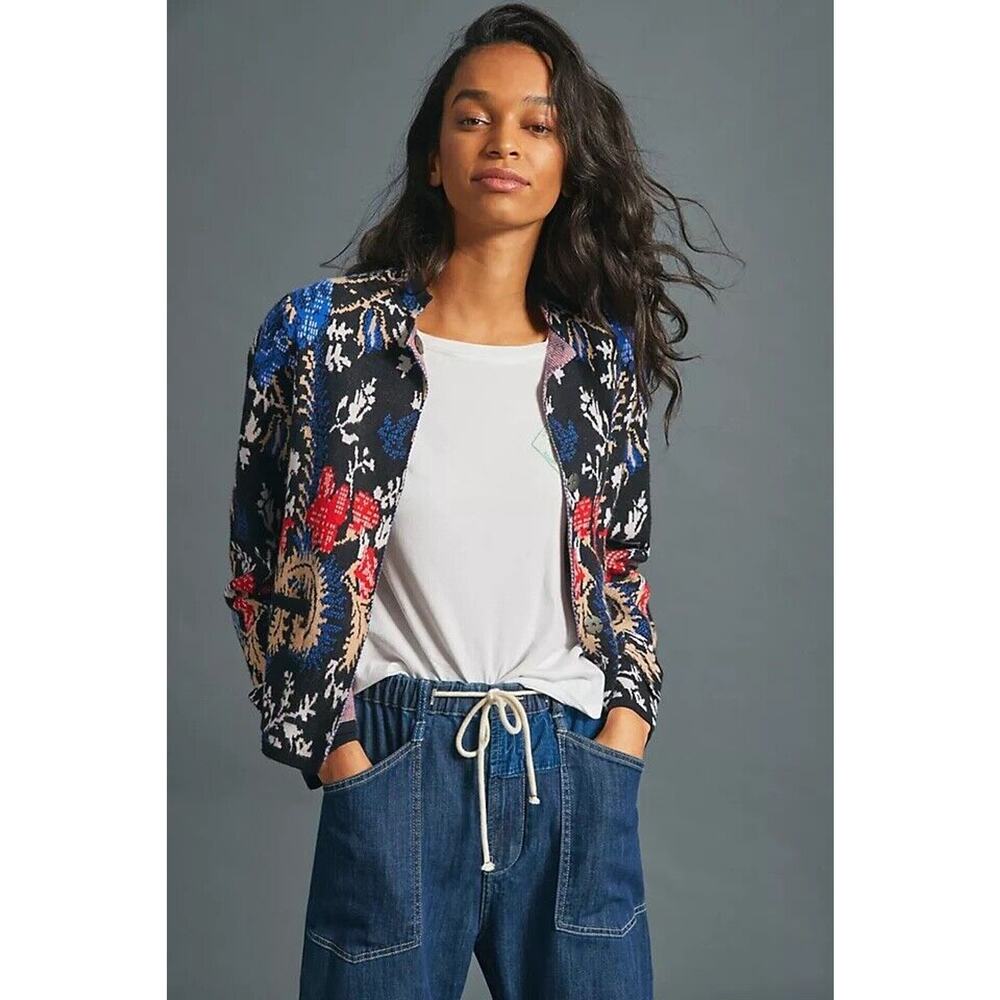 Anthropologie Pilcro Debra Cropped Sweater Cardigan Back/Red/Blue Multi Size M